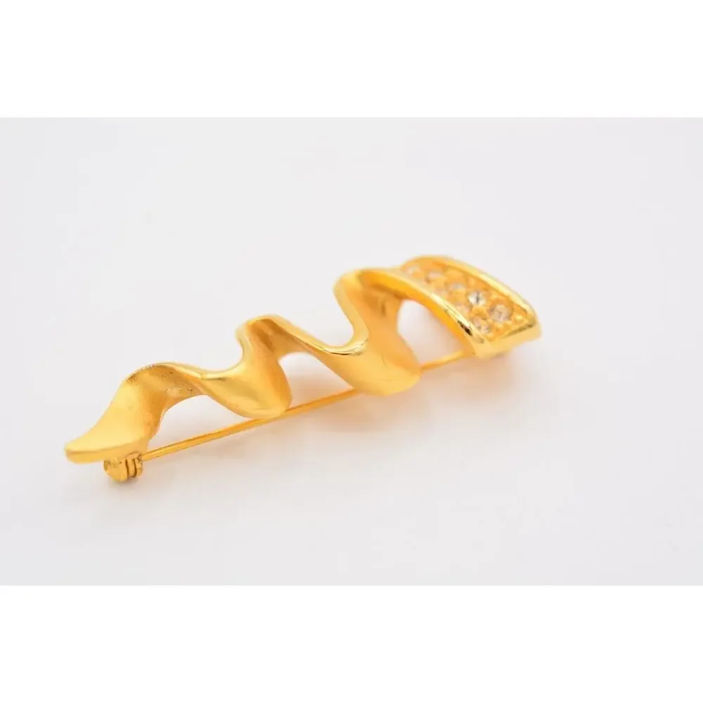 LIA Vintage Ribbon Pin Brooch Brushed Gold Rhinestone Chunky Signed 1980s Bin5B